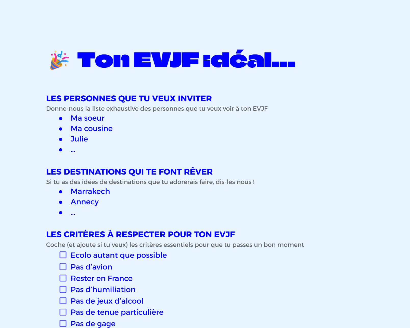 modèle de questionnaire EVJF pour la mariée